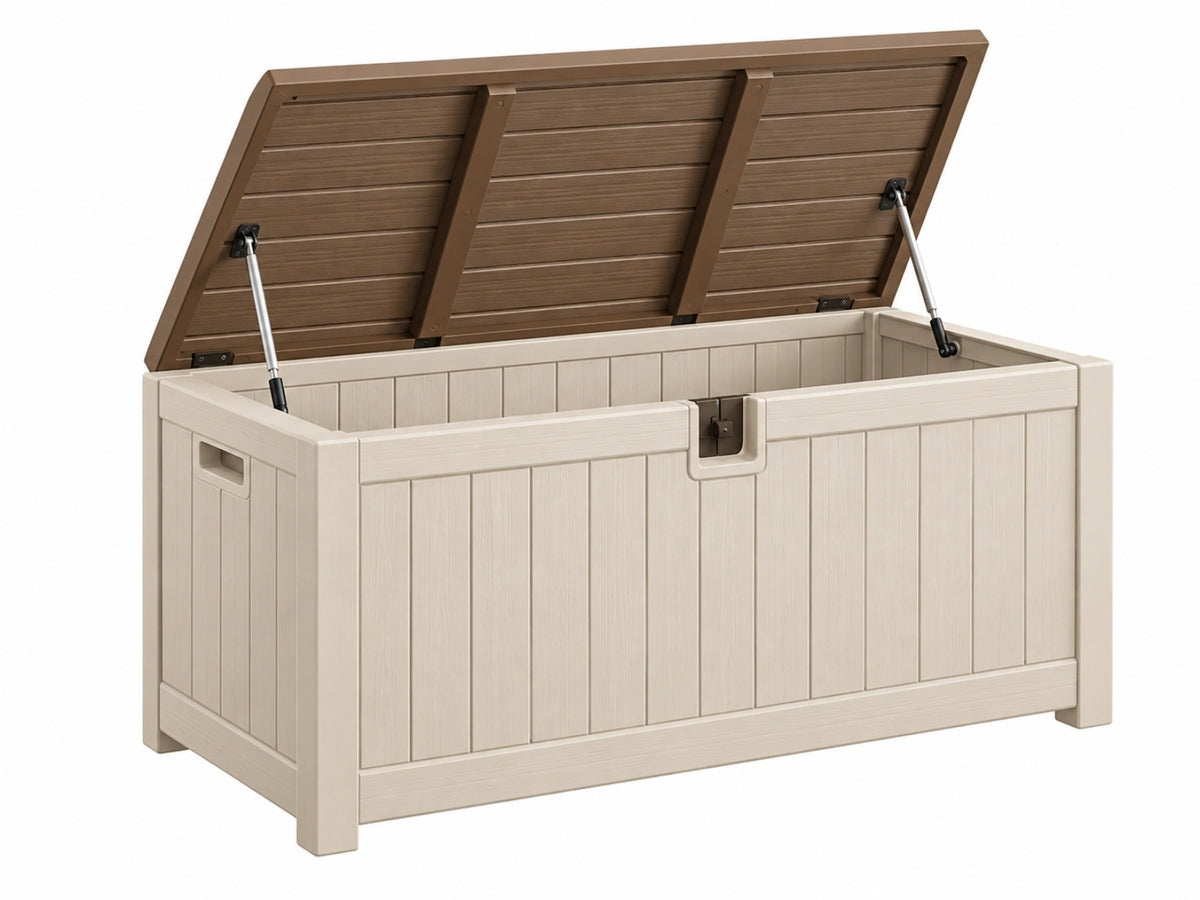Aufbewahrungsbox 150 x 70 x 65 cm Kunststoff Beige-Braun für Garten mit Klappdeckel