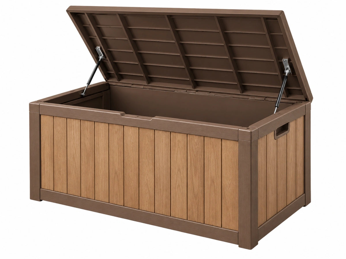 Auflagenbox 120 x 60 x 63 cm Kunststoff Braun Holzoptik mit Gasdruckfedern