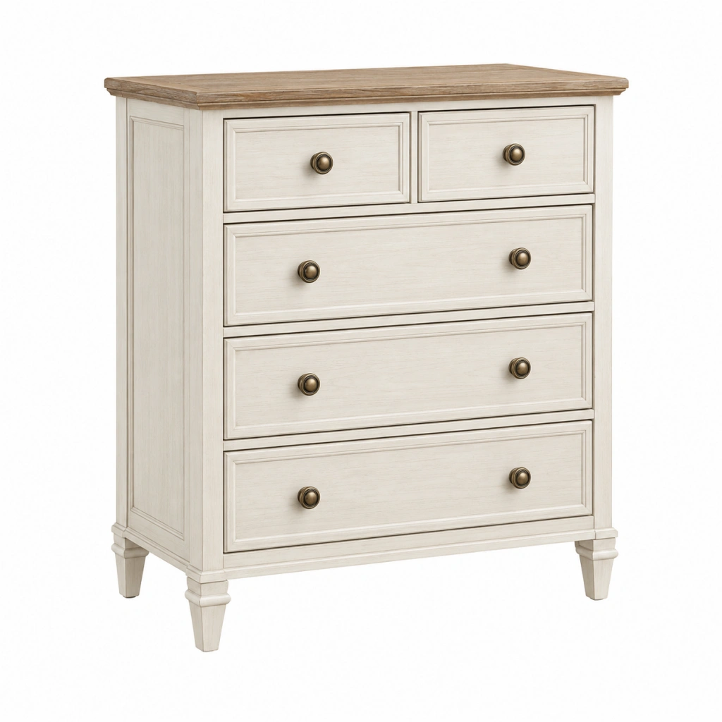 Kommode 90 x 45 x 110 cm aus Holzwerkstoff Cremeweiß Naturbraun Landhausstil mit 5 Schubladen