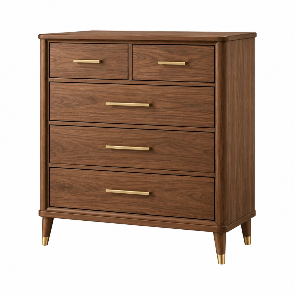 Kommode 90 x 45 x 115 cm aus Holz in Walnussbraun mit 5 Schubladen im Mid-Century-Stil