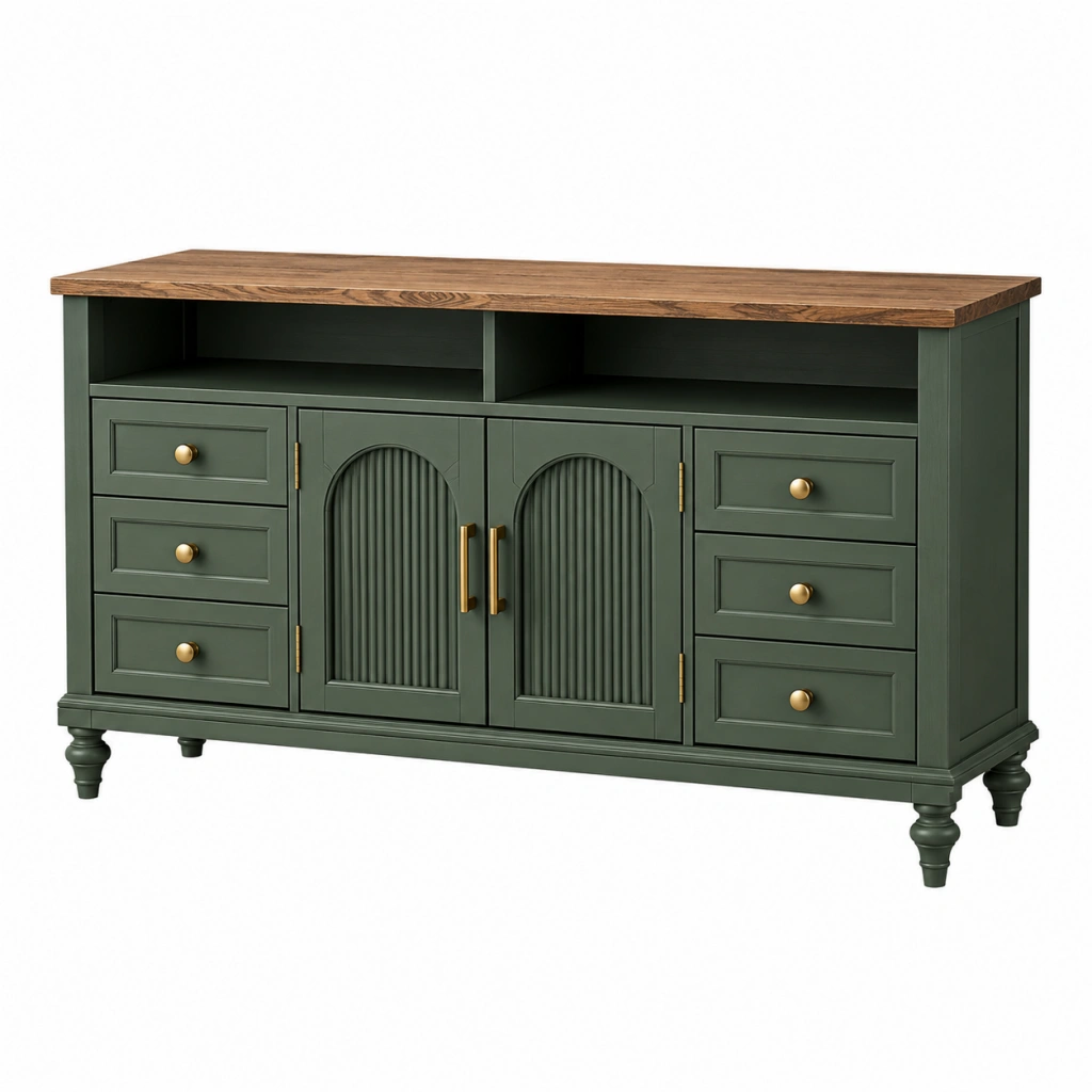 Sideboard 160 x 45 x 85 cm aus Holzwerkstoff Grün Braun mit Schubladen und Türen im Landhausstil