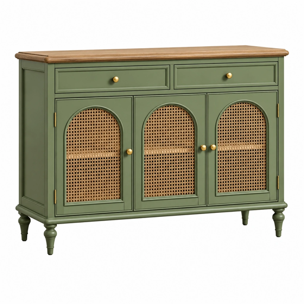 Sideboard 120 x 40 x 90 cm aus Holz und Rattangeflecht Grün im Landhausstil