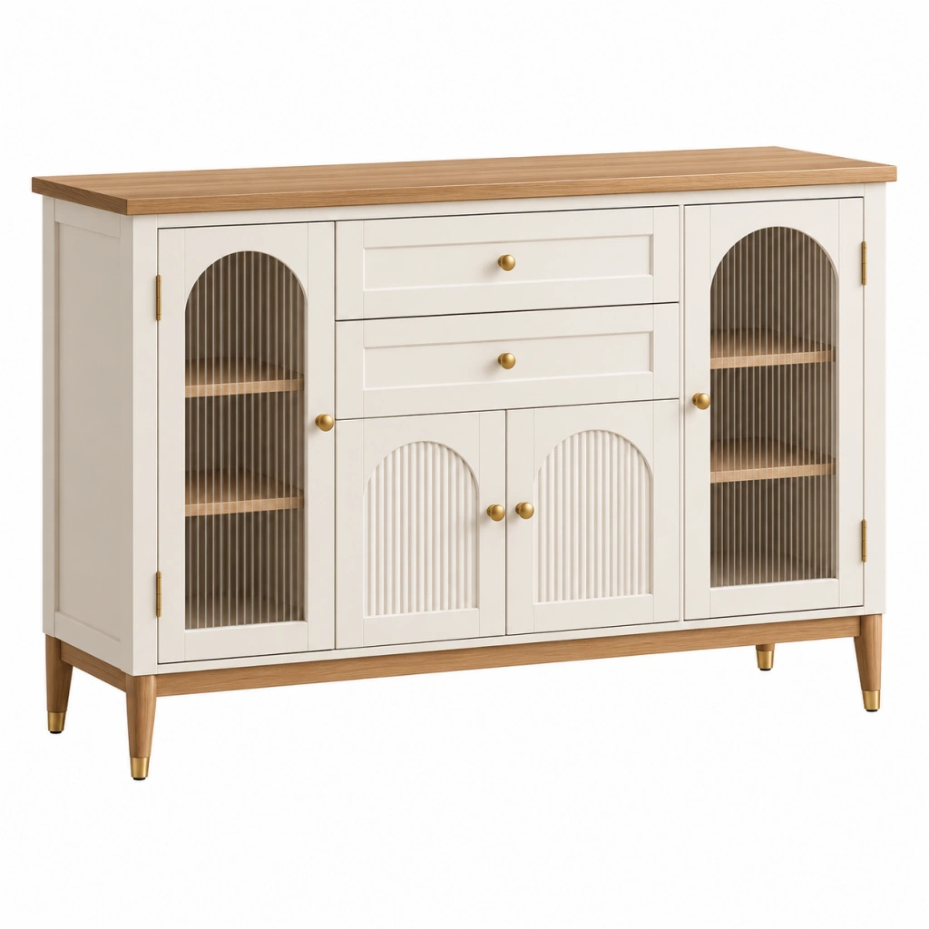 Sideboard 120 cm Holz Weiß Naturholz mit Glastüren und Schubladen