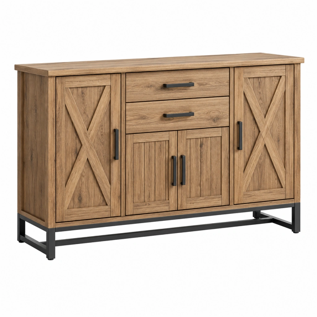 Sideboard 140 x 40 x 90 cm in Eichenoptik mit Metallgestell im Landhausstil