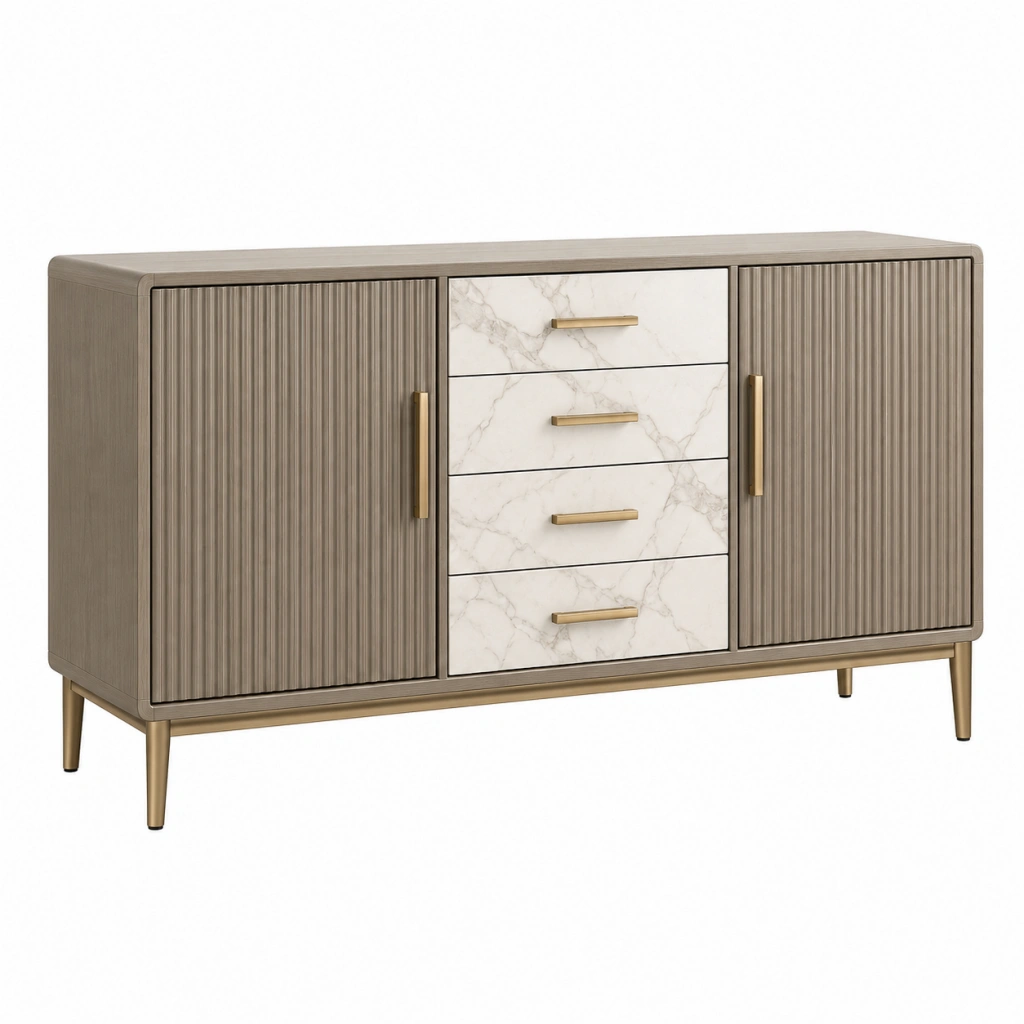 Sideboard 160 x 45 x 85 cm Holzwerkstoff Beige Weiß mit Marmoroptik und Metallfüßen