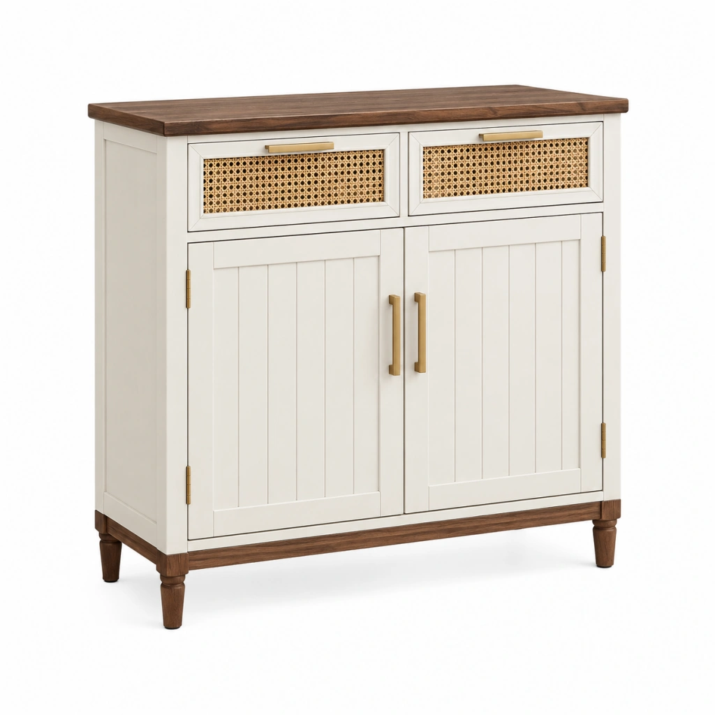 Sideboard 90 x 40 x 95 cm aus Holz in Weiß und Braun mit Rattanfront im Landhausstil