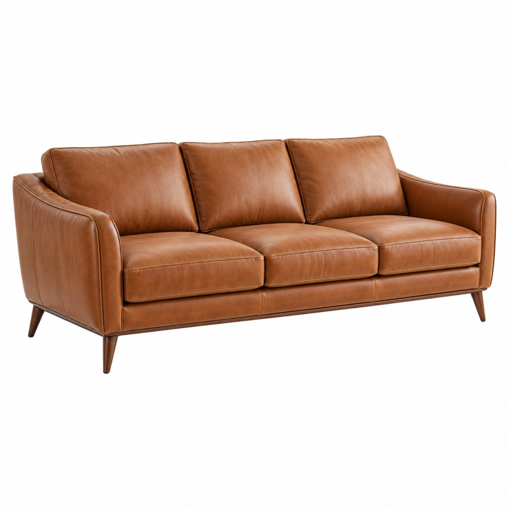 3-Sitzer Sofa 210 x 90 x 85 cm braunes Leder mit Holzfüßen im Mid-Century-Stil