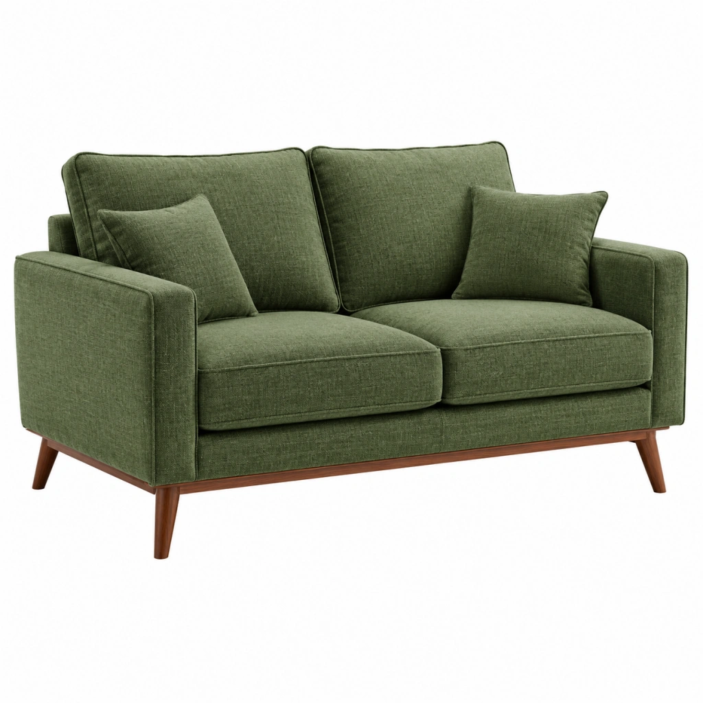 Zweisitzer Sofa 160 cm olivgrüner Stoffbezug mit Holzfüßen im Retro Stil