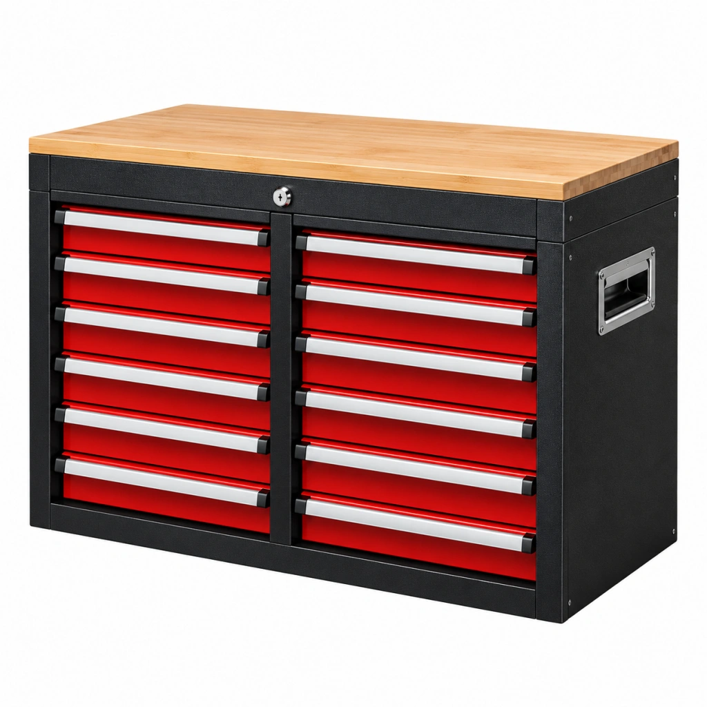 Werkbank mit 14 Schubladen 120 x 60 x 95 cm Stahl Bambus Rot Schwarz abschließbar